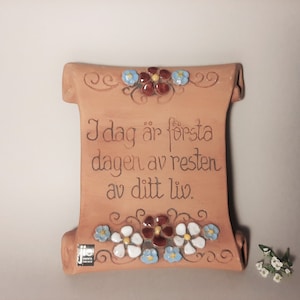 Jie Gantofta Pottery Wall Plaque Design by Aimo Netosvuori; Swedish Vintage Pottery Wall Hanging,Art Pottery Tile 969 with flowers and text