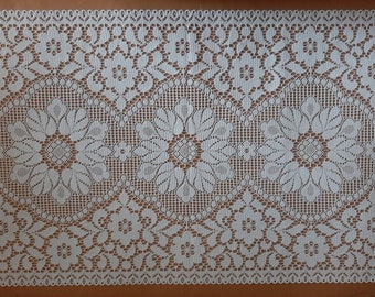 French White Net Lace Curtain Valance; Vintage Handmade Curtain Valance Floral Design; or Net Lace Table Runner H 22.5'' x W92.5''