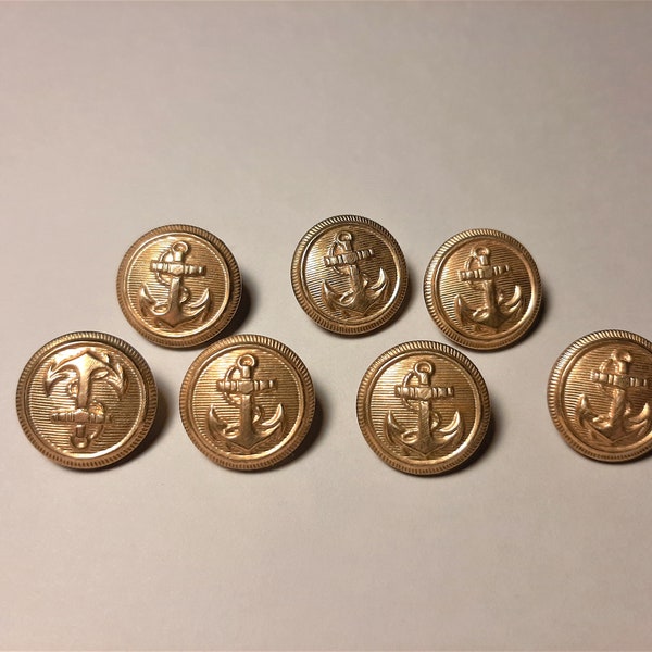 Set of 7 Vintage Anchor Golden Color Metal Buttons Dia 3/4"( 2cm) Stamped on Aluminum Based; Accessories for Clothes;Anchor; Blazer Buttons