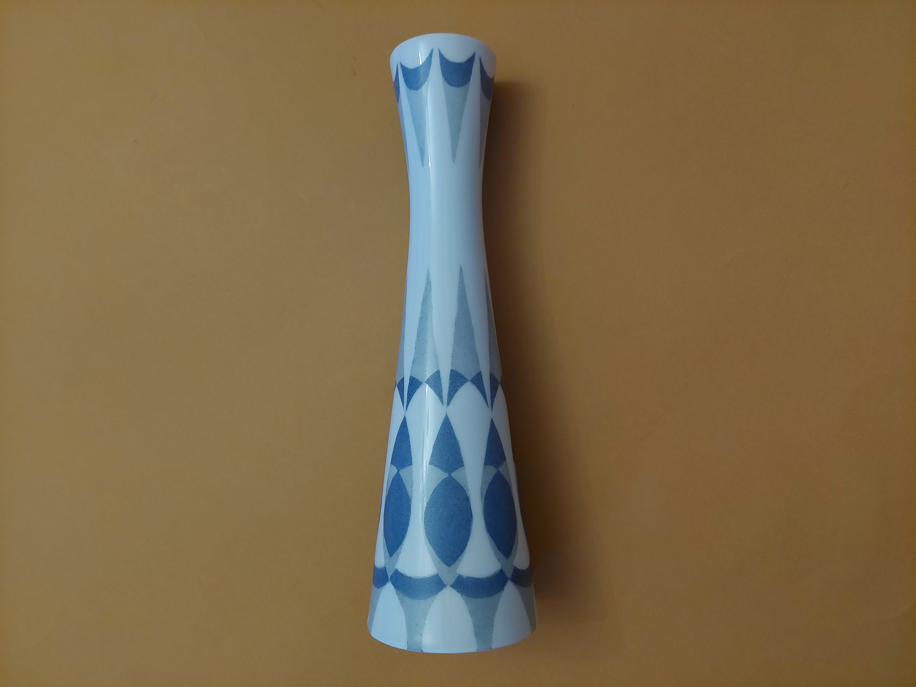 AK KAISER Germany Vintage Handmade Ceramic Vase; White Vase Blue/Gray Pattern; Art Deco Ceramic Tall Vase Geometric Pattern; W2.76 x H9.75''