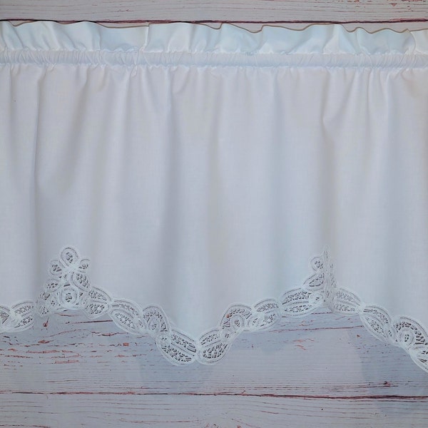 Swedish Vintage Handmade White Cotton Curtain with Lace; Curtain Valance with Scalloped Edge; W49.25'' x H20.25''; Rod Pocket Curtain