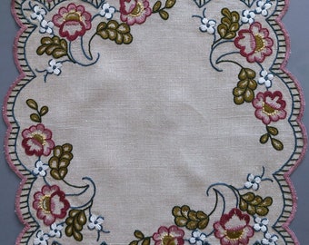 Swedish Vintage Floral Embroidered Cotton Small Tablecloth; 17 1/8''x17 1/8''Square Tablecloth; Doily Multicolor embroidery & scalloped edge