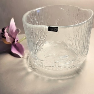 Vintage Kosta Boda Glass Bowl: Flower Planter with Relief Scenes of Swedish Life, Glass Art; H4'' x W 5.25''(H10cm x W13.2cm) image 5