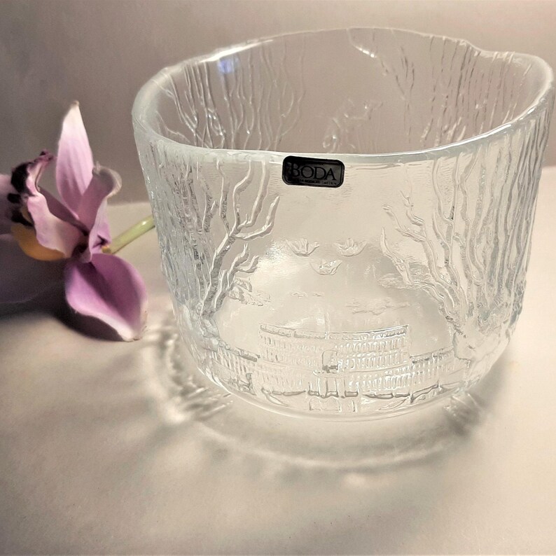 Vintage Kosta Boda Glass Bowl: Flower Planter with Relief Scenes of Swedish Life, Glass Art; H4'' x W 5.25''(H10cm x W13.2cm) image 5