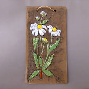 Vintage Ninnie Forsgren Ceramic Wall Plaque Daisies Flowers; Swedish Pottery  Wall Hanging Plaque Tile Relief; W5 1/8&#39;&#39;x H9.5&#39;&#39;