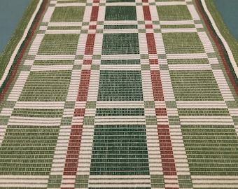 Vintage Woven Cotton White/Green/Red Table Runner Ornamental Pattern; Checkered Thick Cotton Table Runner; Centerpiece; 11.5'' x 76 3/8''