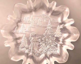 Vintage MIKASA Crystal Plate, Embossed Winter Scene, Frosted Edges