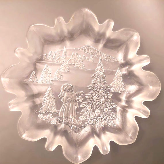 Vintage MIKASA Crystal Plate, Embossed Winter Scene, Frosted Edges