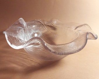 Swedish Glass Large Bowl: Vintage, Handmade, Freeform, Large,  Lines Pattern; Fruit, Salad,  Scandinavian Modern