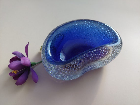 Vintage Murano Glass Bowl: Archimede Seguso, Cobalt Blue With Gild