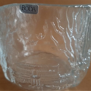 Vintage Kosta Boda Glass Bowl: Flower Planter with Relief Scenes of Swedish Life, Glass Art; H4'' x W 5.25''(H10cm x W13.2cm) image 6