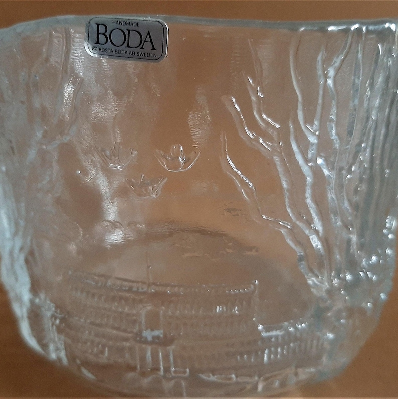 Vintage Kosta Boda Glass Bowl: Flower Planter with Relief Scenes of Swedish Life, Glass Art; H4'' x W 5.25''(H10cm x W13.2cm) image 6