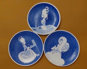 Vintage Gustavsberg  Annual Porcelain Plates by Einar Nerman; White/Blue Plates with Female Silhouettes; Limited Edition 1976-1978s