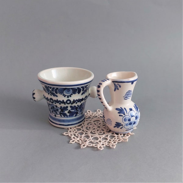 Vintage Delfts Blauw ceramic small mortar and pitcher; Duch porcelain mini spice mill and jug; Set of ceramic small bud vases