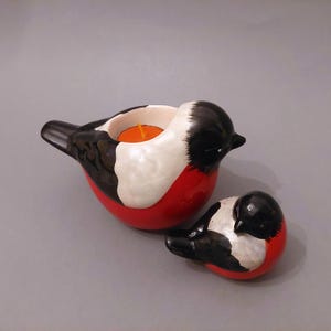 Ceramic Bullfinches tea light holder & small bird figurine; Vintage candle holder with bird figurine; Ceramic birds Bullfinches; Set
