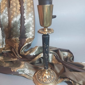 Swedish vintage Table Lamp Base with Wood and Ornate Brass Top & Bottom Without Shade; Base of Table Lamp H12.25&#39;&#39;x W4&#39;&#39;(31cm x 10cm); Rare