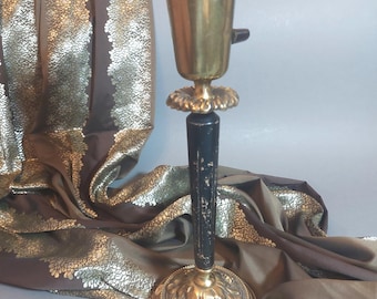 Swedish vintage Table Lamp Base, Wood and Ornate Brass Top & Bottom, Without Shade,  H12.25''x W4''(31cm x 10cm); Rare