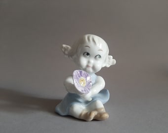 Vintage Girl with Flower Porcelain Figurine, Hand Painted GDR Collectible