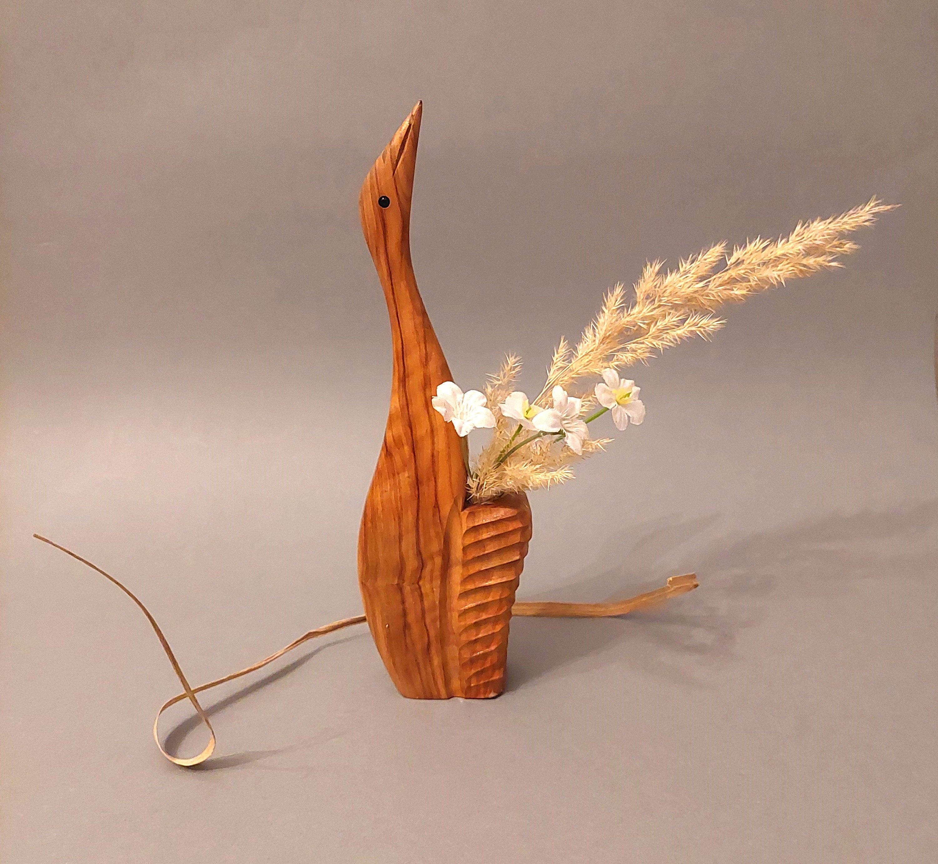 ヴィンテージの木製鳥のつぼみ型花瓶：スウェーデン製、ドレイフラワー