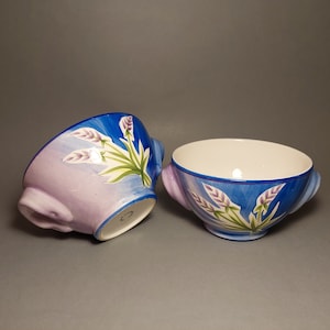 Lena A Linderholm Swedish Handmade Ceramic Breakfast Bowls; 2 Vintage Hand Painted Deep Dishes Floral Pattern; Breakfast set 2 Bowls;  700ml
