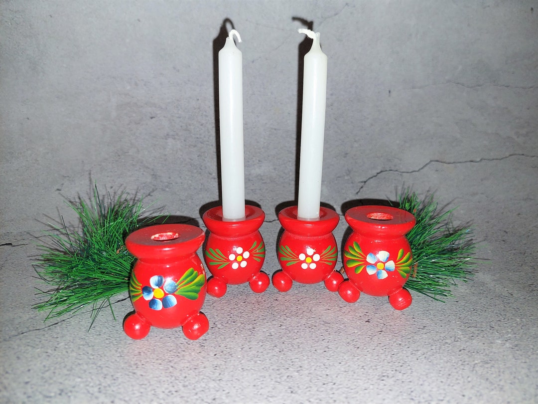 Swedish Wooden Red Small Candle Holders Set of 4 Vintage Wooden Red