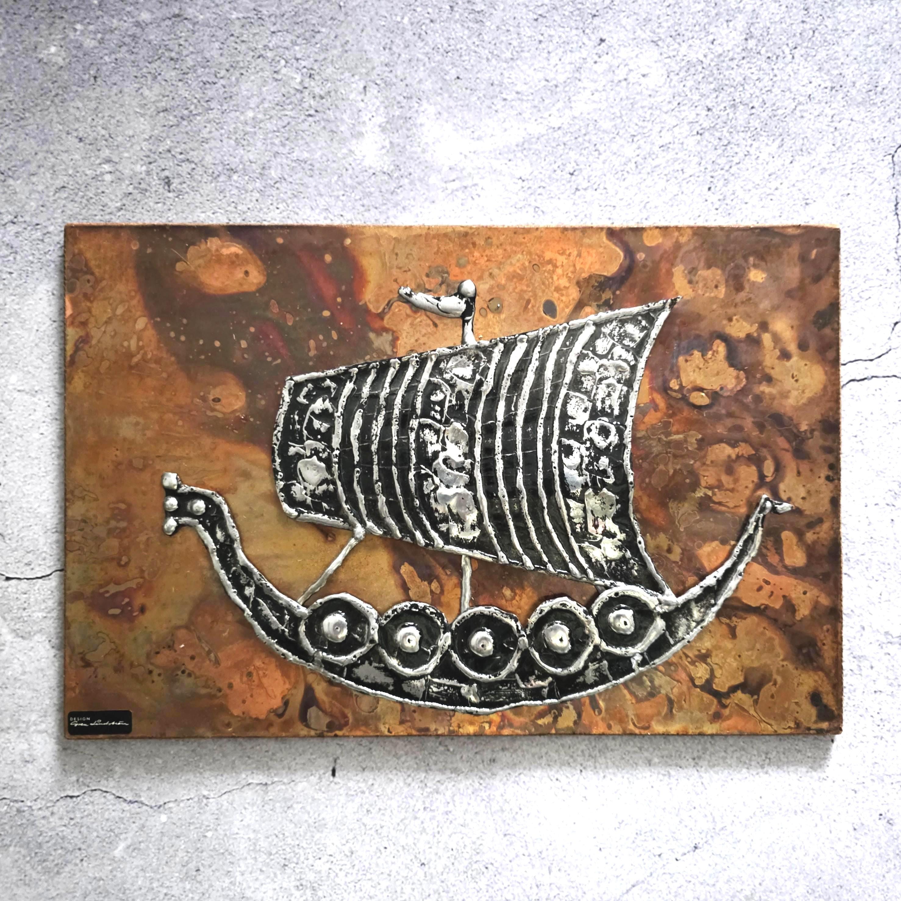 Sven Lindström Viking Ship Pewter Copper Plaque: Studio Viken