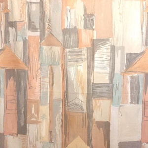 Vintage Handmade Cotton Curtain: Pastel Cityscape, Rod Pocket (W54''x H82'')