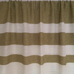 Swedish Milk White Woven Curtain with Green Stripes; Vintage Handmade Translucent Curtain; Rod Pocket Curtain;W50&#39;&#39;(127.5cm)x H65.5&#39;&#39;(167cm)
