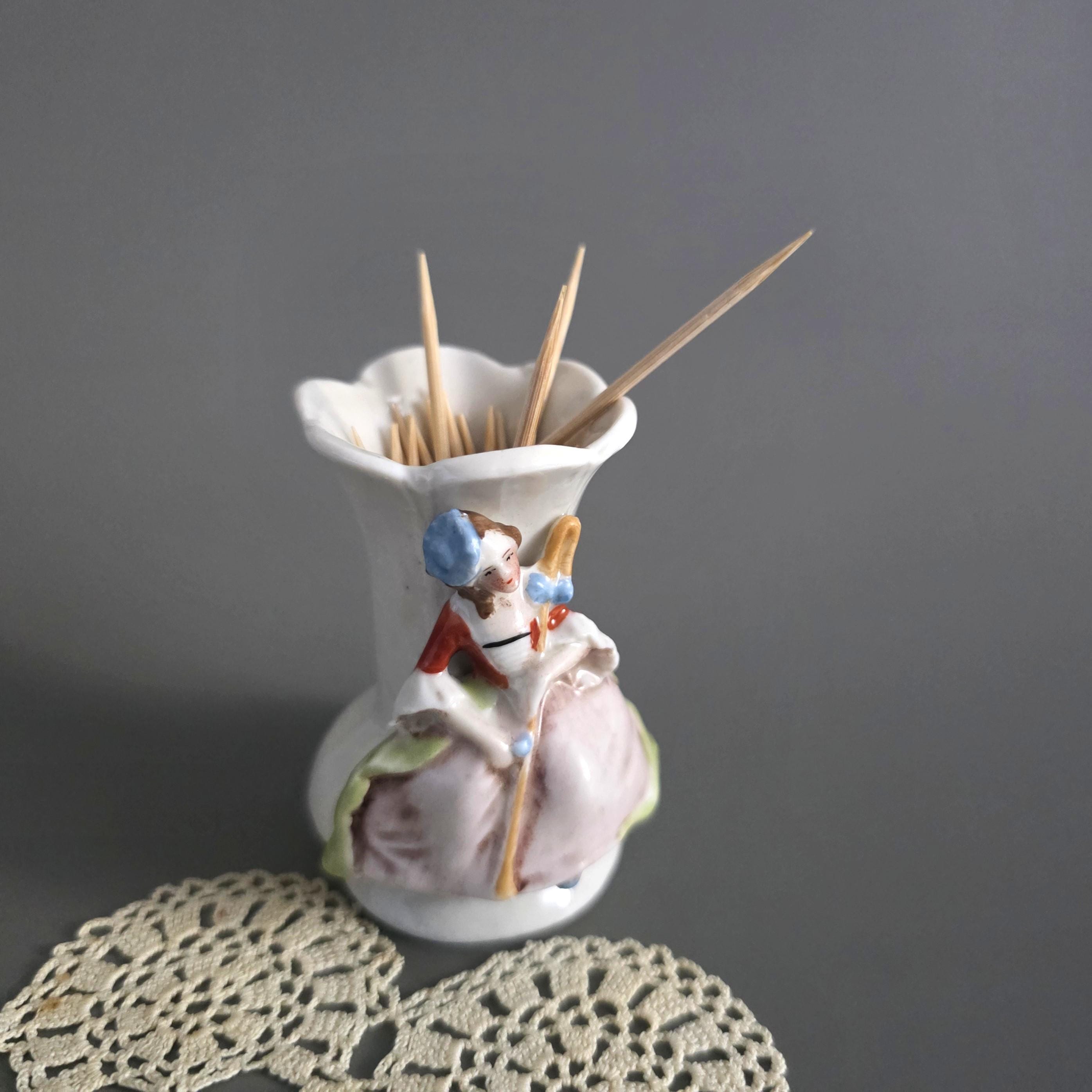 Germany Porcelain Toothpick Holder, Lady Figurine: Vintage