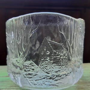 Vintage Kosta Boda Glass Bowl: Flower Planter with Relief Scenes of Swedish Life, Glass Art; H4'' x W 5.25''(H10cm x W13.2cm) image 1