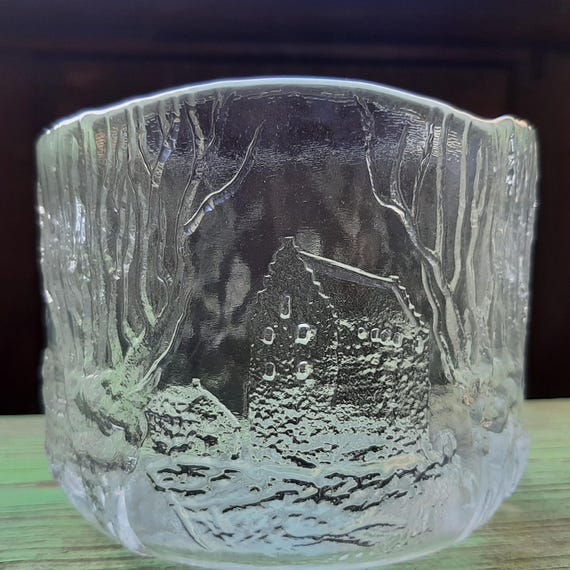 Vintage Kosta Boda Glass Bowl/Vase:  Flower Planter with Relief Scenes of Swedish Life,  Glass Art;H4''(10cm) x W 5.25''(13.2cm)