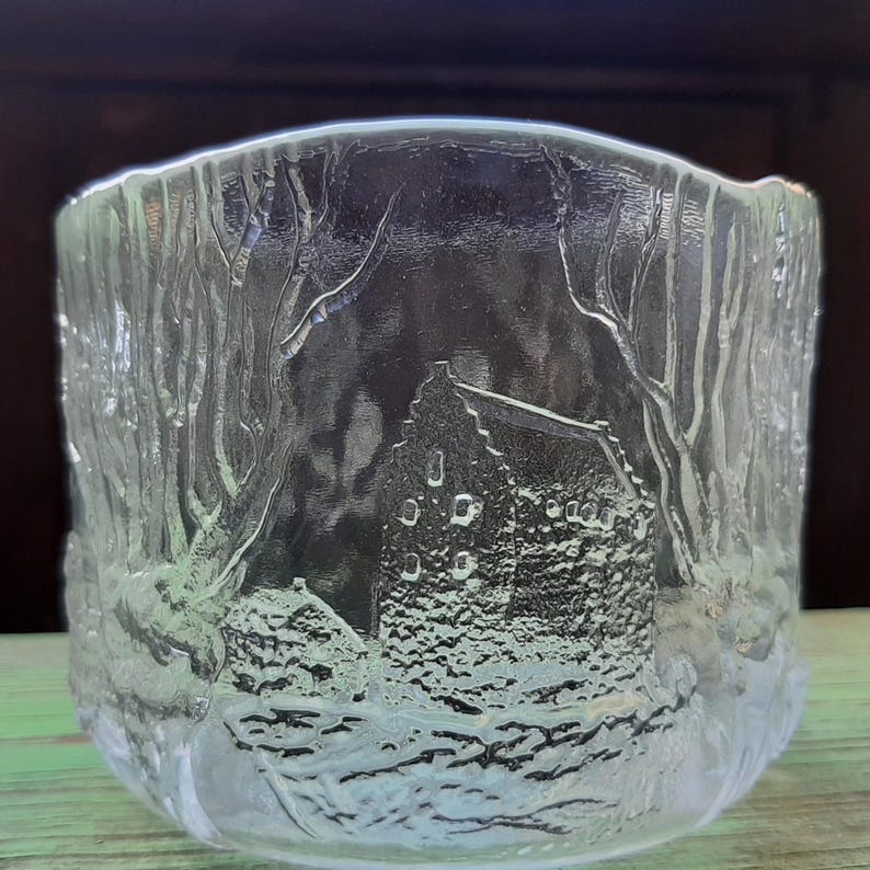 Vintage Kosta Boda Glass Bowl: Flower Planter with Relief Scenes of Swedish Life, Glass Art; H4'' x W 5.25''(H10cm x W13.2cm) image 1
