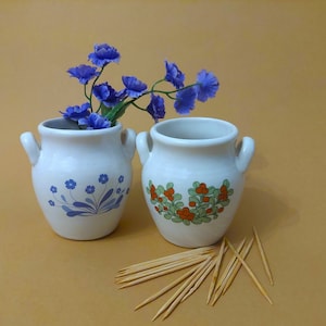 Gustavsberg Stengods Ceramic Small Pots/Tooth Pick Holder; Swedish Vintage White Ceramic Mini Pot with Floral Pattern; Ceramic Mini Vase