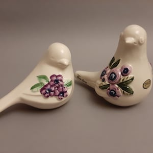 Rosa Ljung Ceramic Birds; ; Set of 2 birds; Swedish Vintage  Porcelain Birds Figurines; Ceramic White Birds Purple/Green Floral Pattern