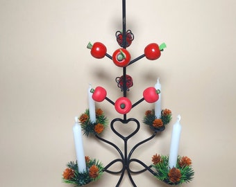 Vintage Swedish Iron Christmas Candle Holder with Red Apples
