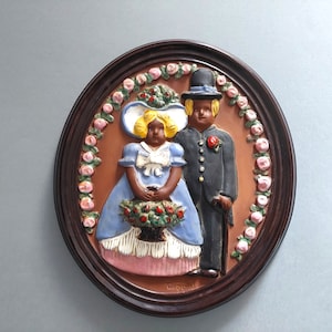Gabriel large ceramic wall plaque w wedding couple motive by Ingegärd Burmeister; Swedish vintage oval wall hanging decor A159; W9.5&#39;&#39;xH11&#39;&#39;