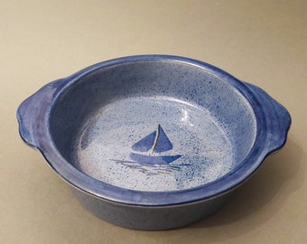 Gabriel Ceramic Bowl with Handles; Vintage Pottery Blue Bowl with Boat Pattern; Pottery Bowl; Ceramic Deep Dish; Dia.7 5/8'' x H 2.25''