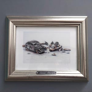 Riproduzione vintage di un'incisione di Lasse Äberg in cornice di legno con patina argentata; svedese, litografia; opera d'arte