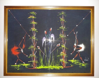 Vintage African Gouache Painting, Bushmen Art in Wooden Frame