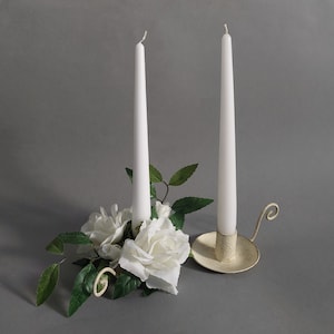 Vintage Metal Candlestick Holders Handled; 2 Gold Cream Chamber Sticks; Handmade Metal Candle Holders with Drip Tray; Dia. 3.5''x H 1.5''