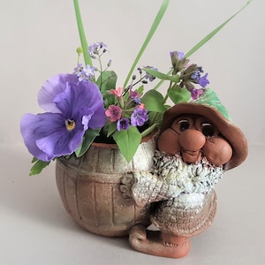 Vintage Handmade Ceramic Gnome Vase, Pottery Gnome with a Barrel, Pencil Holder, Flower Planter, Flower Pot, Garden Decoration