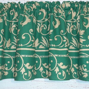 Swedish Vintage Cotton Curtain Valance; Green Curtain with Beige Color Floral Pattern; Rod Pocket Curtain; Kitchen Curtain; H17.5'' x W135''