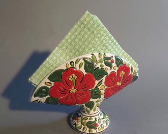 Porta-guardanapos vintage grego ARRIS Keramik Rhodes; Porta-guardanapos de cerâmica; Suporte para guardanapos com decoração floral vermelha e verde, pintado à mão.