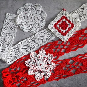 Vintage Hand Crochet Set: Red & White Doilies, Lace Ribbon, Pot Holder