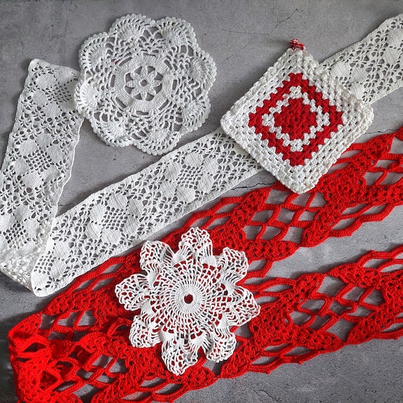 Vintage Hand Crochet Set: Red & White Doilies, Lace Ribbon  display picture 2
