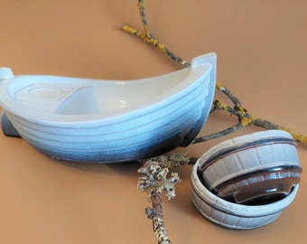 NITTSJÖ Ceramic Sweden Boat Bowl & 2 Small Bowls BY Thomas Hellström; Vintage Pottery Large Shrimp Bowl and 2 Bowls; Pottery Art; Rare