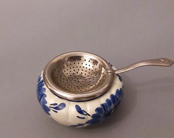 Vintage Delft Blue Floral Tea Strainer With Porcelain Holder