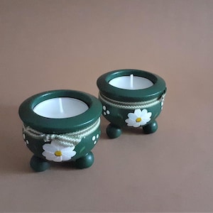 2 Swedish Wooden Green Small Tealight Holders with Floral Pattern; Vintage Wooden Candle Holders; Round Tea Light Candle Holders; Folk Art