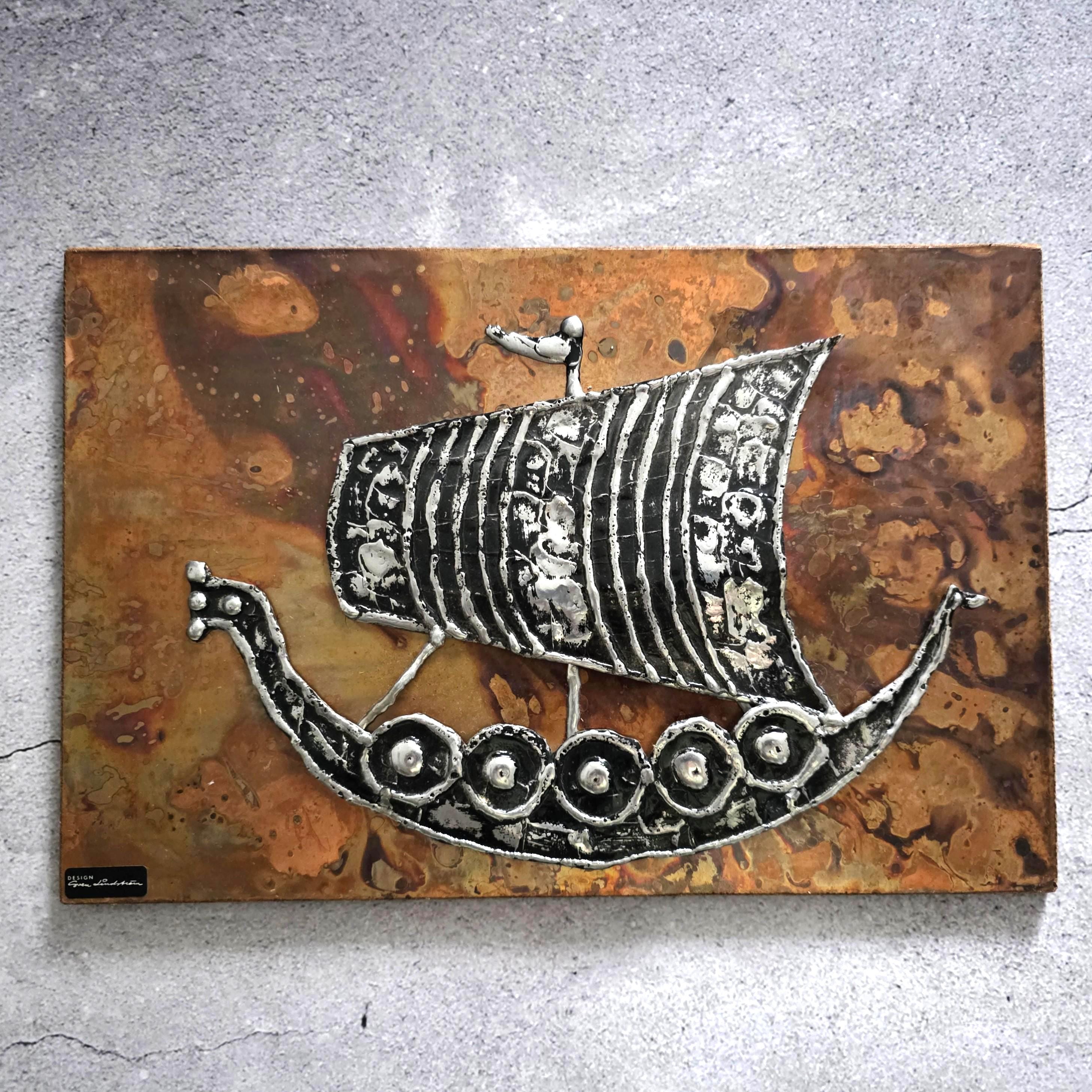 Sven Lindström Viking Ship Pewter Copper Plaque: Studio Viken