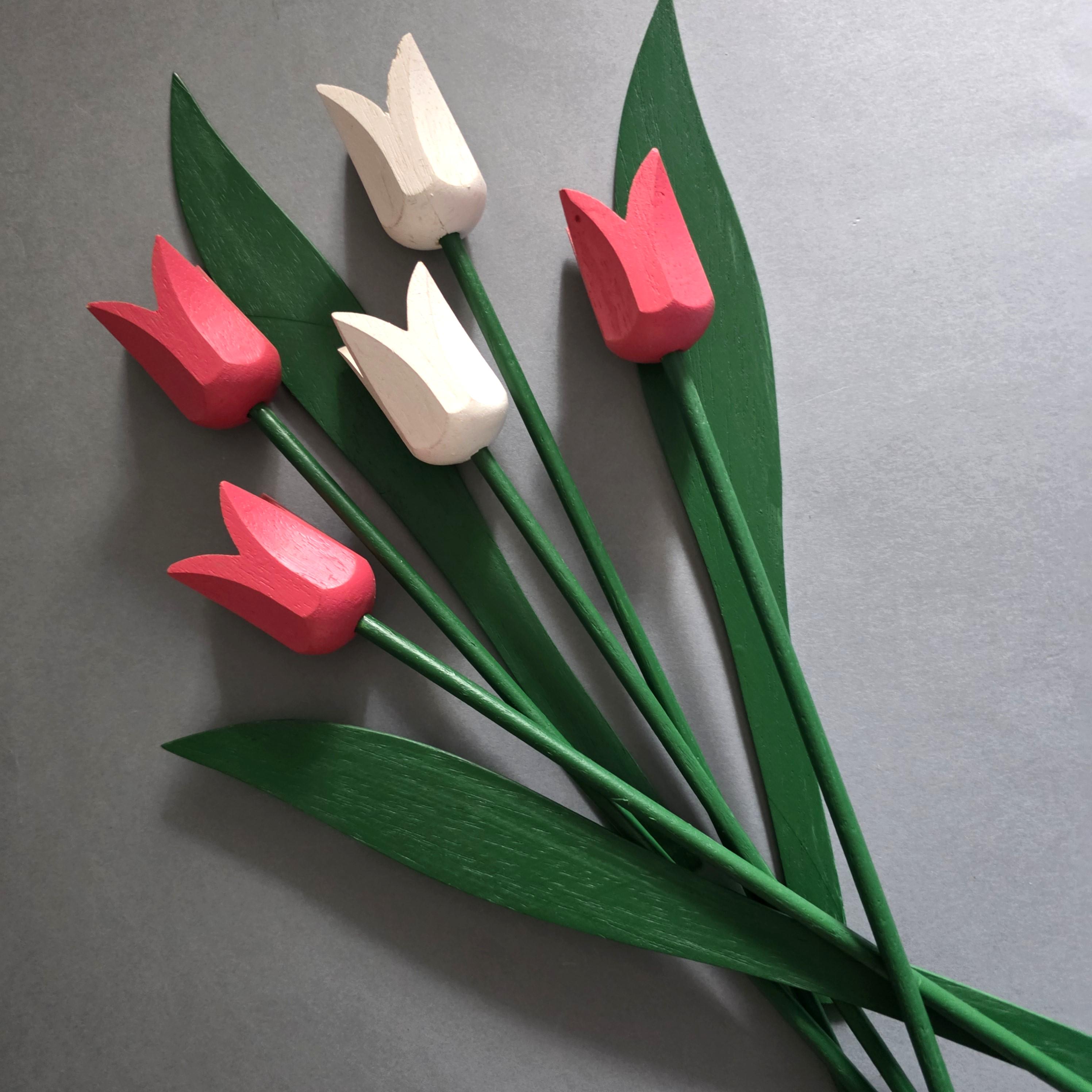 Vintage Handmade Wooden Tulip Bouquet: Swedish Folk Art Decor Set